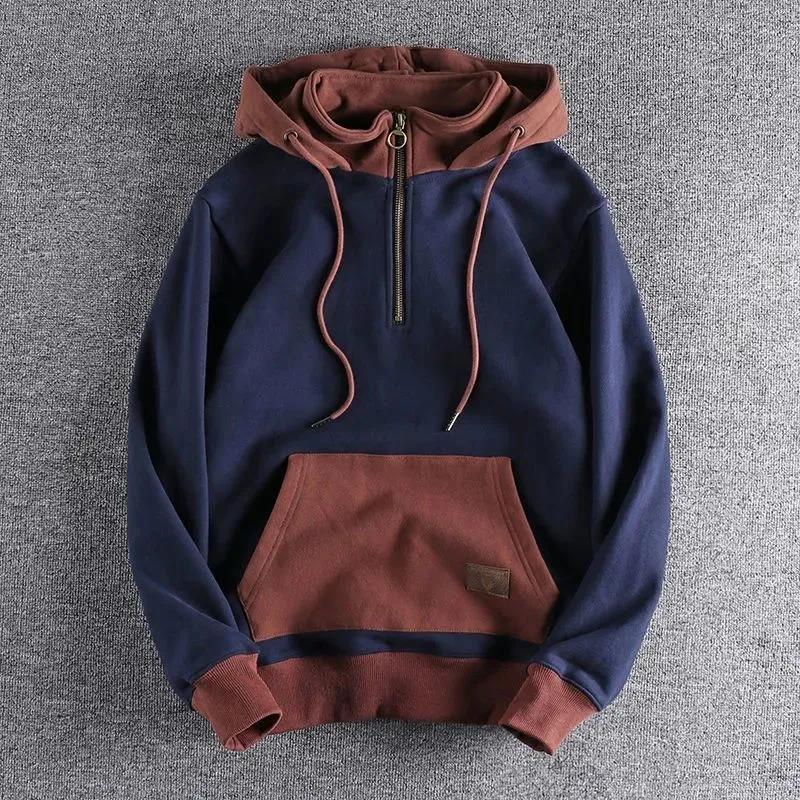 Autumn And Winter Fleece-lined Thickened Hooded Sweatshirt Men's Retro Contrast Color