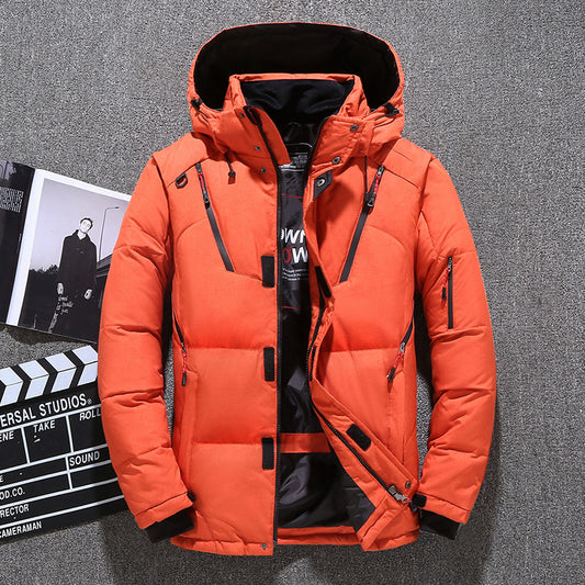 Men's Short Winter Thick White Duck Down Hooded Jacket Multi-pocket Outdoor