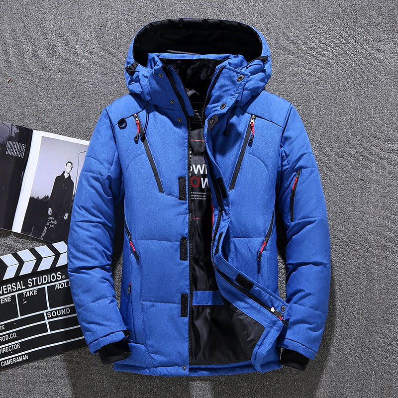 Men's Short Winter Thick White Duck Down Hooded Jacket Multi-pocket Outdoor