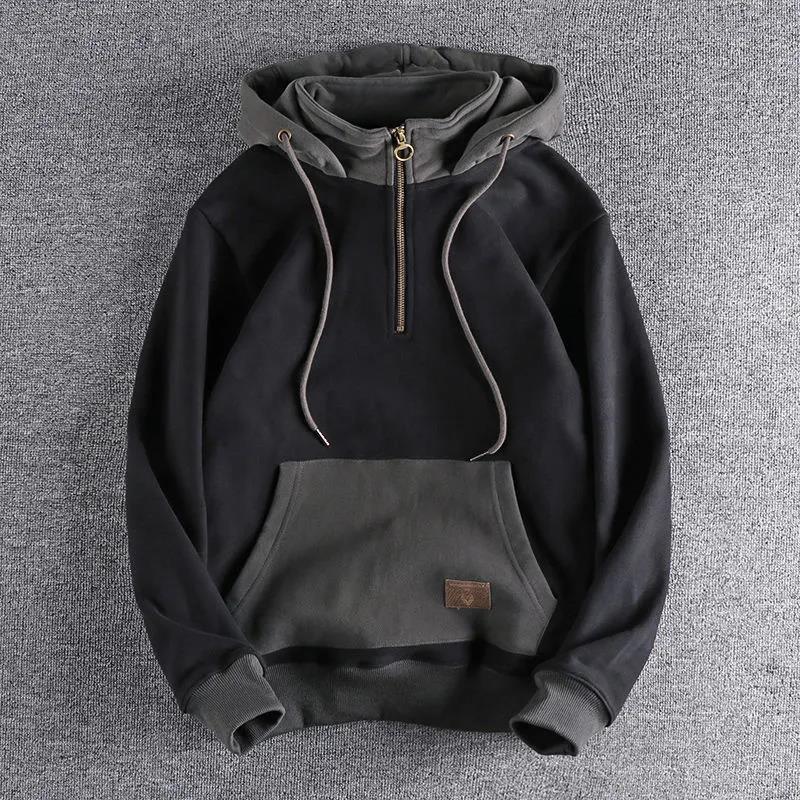 Autumn And Winter Fleece-lined Thickened Hooded Sweatshirt Men's Retro Contrast Color