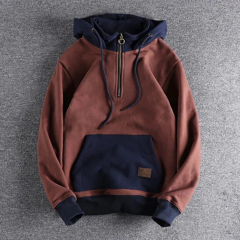 Autumn And Winter Fleece-lined Thickened Hooded Sweatshirt Men's Retro Contrast Color